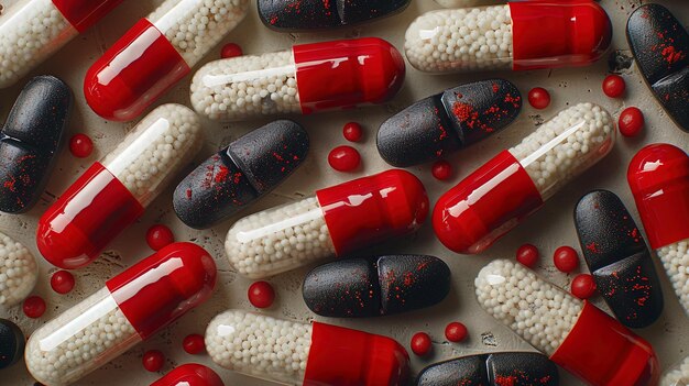 Una pila de pastillas rojas y blancas en la mesa