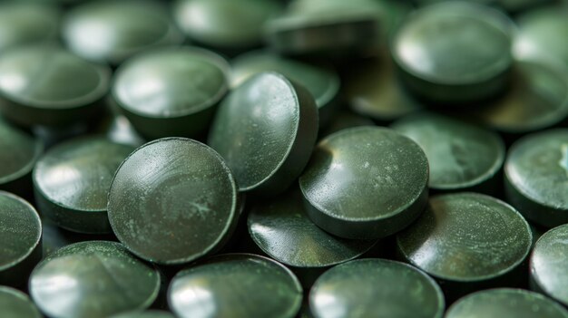 Foto una pila de pastillas verdes se apilan una encima de la otra imagen para pastillas de espirulina una pila de píldoras verdes las pastillas son pequeñas y redondas y todas se apilan unas encima de las otras