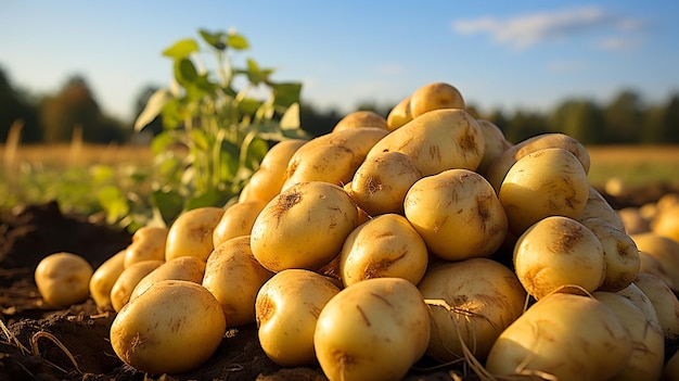Pila de patatas maduras en el suelo en el campo Generativo Ai