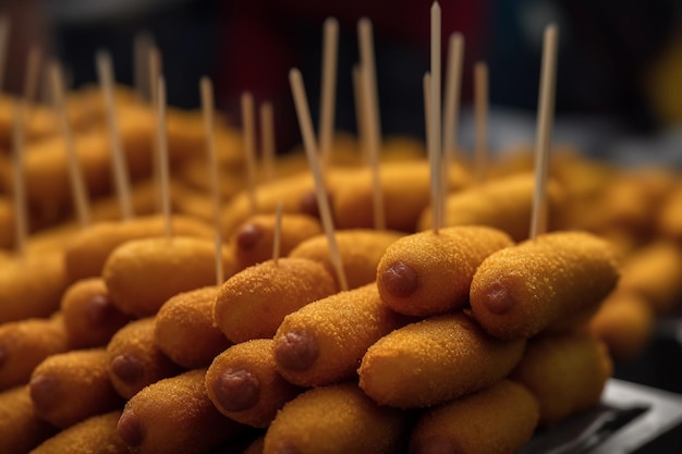 Una pila de perritos calientes con palillos encima