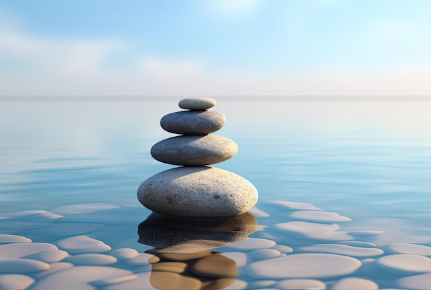 una pila de piedras al lado del mar y el reflejo en el estilo de la influencia del budismo zen