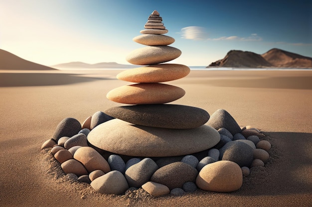 Una pila de piedras en círculo en una playa