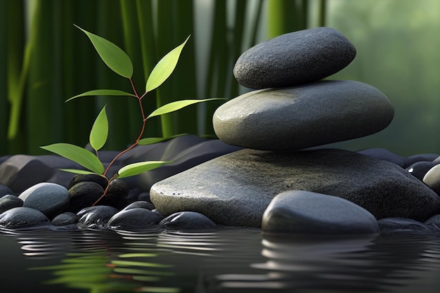 Una pila de piedras en un estanque con una planta verde al fondo.