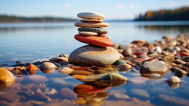 Una pila de piedras meditación equilibrio de yoga en la orilla del mar