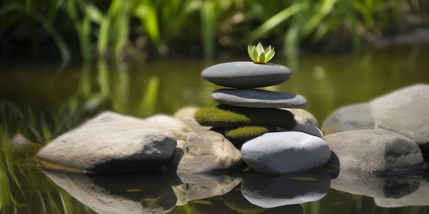 Una pila de piedras con una planta encima