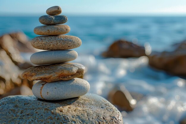 Una pila de piedras en una playa con el mar en el fondo