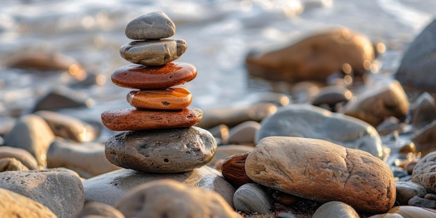 Una pila de piedras en una playa con el mar en el fondo