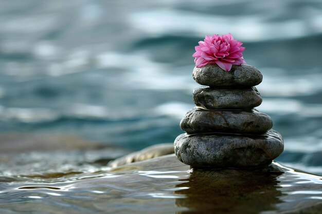 Una pila de piedras zen con una flor rosada en el fondo del agua