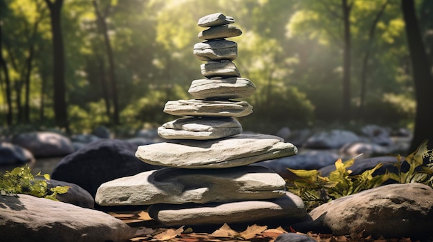 Pila de piedras zen junto a un tranquilo arroyo forestal que simboliza el equilibrio y la armonía