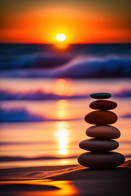 Foto una pila de piedras zen en una playa de guijarros al atardecer