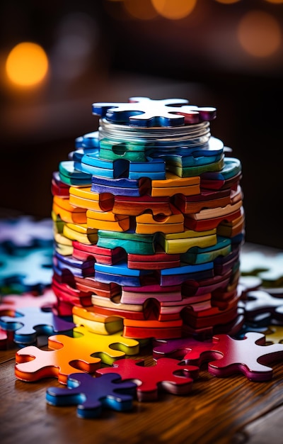 Foto una pila de piezas de rompecabezas coloridas sentadas en la parte superior de una mesa de madera