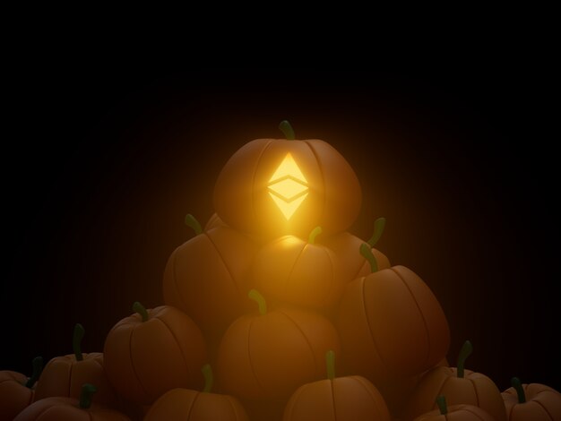 Foto pila de pila de calabaza tallada ethereum crypto moneda ilustración 3d render iluminación oscura