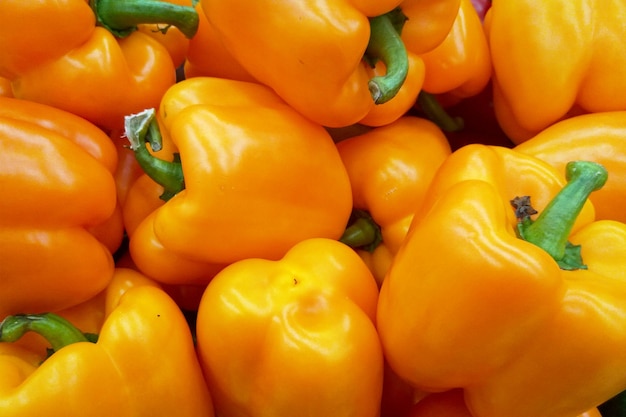 Pila de pimientos naranjas en un puesto en el mercado