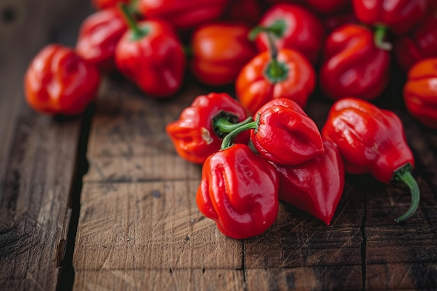 Foto una pila de pimientos rojos en una mesa de madera