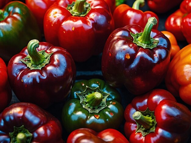 una pila de pimientos rojos y verdes con una hoja verde