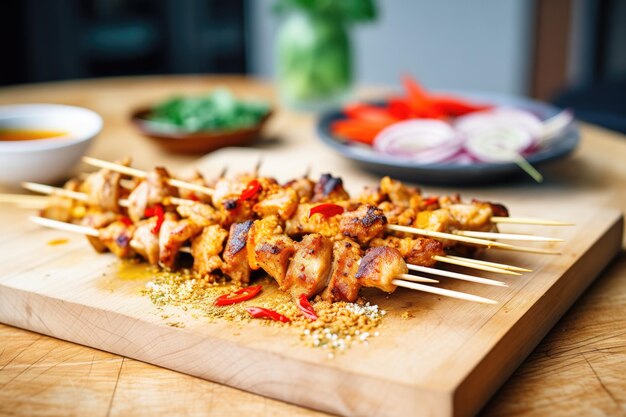 Foto pila de pinchos de satay de pollo en una tabla de madera