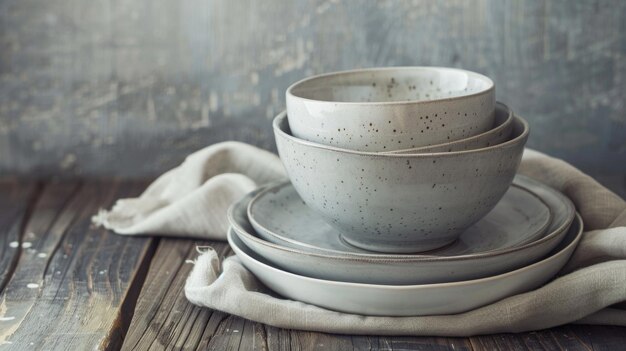 Una pila de platos y cuencos blancos en una mesa de madera