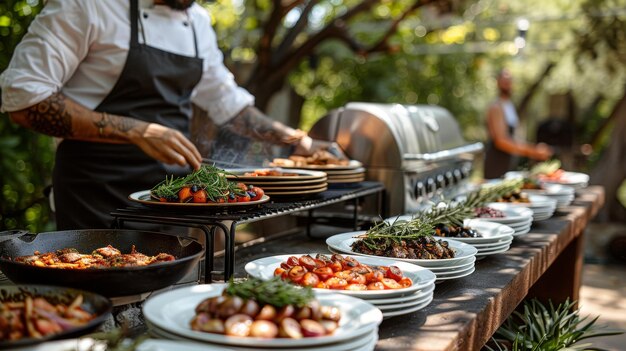 Una pila de platos en una mesa afuera en un jardín con un hombre asistiendo a una barbacoa