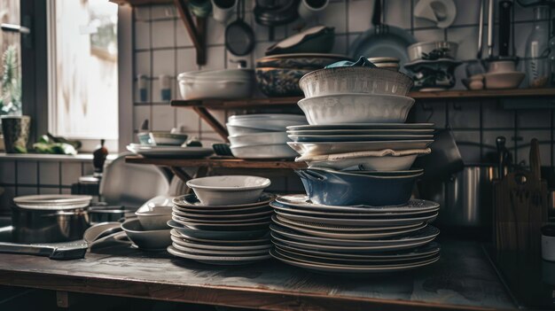 Una pila de platos sucios después de comer en la cocina de casa Día Nacional Sin Platos Sucios Espacio de copia