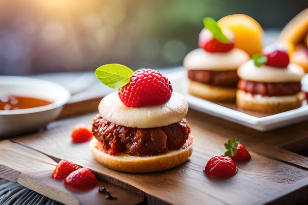 una pila de postres con fresas y limón sobre una mesa de madera.