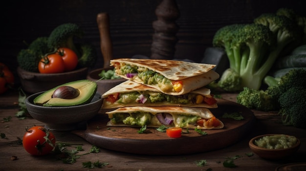 Una pila de quesadillas con aguacate, tomate y brócoli sobre una mesa de madera