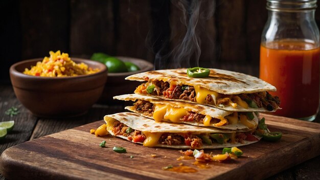 Una pila de quesadillas recién preparadas en una tabla de corte de madera rústica que muestra la intrincada