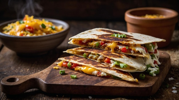 Una pila de quesadillas recién preparadas en una tabla de corte de madera rústica que muestra la intrincada