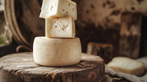 Una pila de queso en una mesa de madera