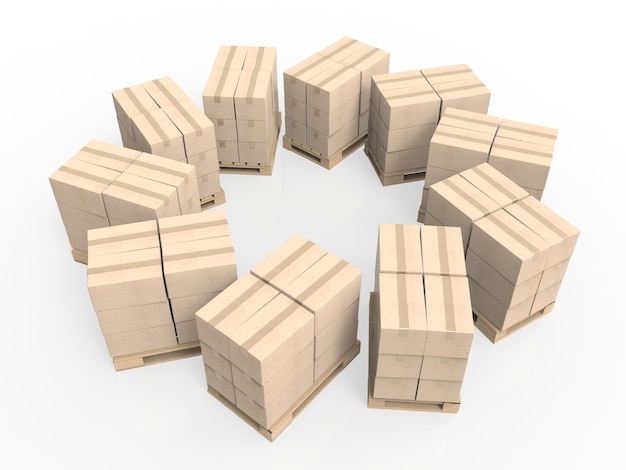 Pila de renderizado 3D de cajas de cartón en palet de madera