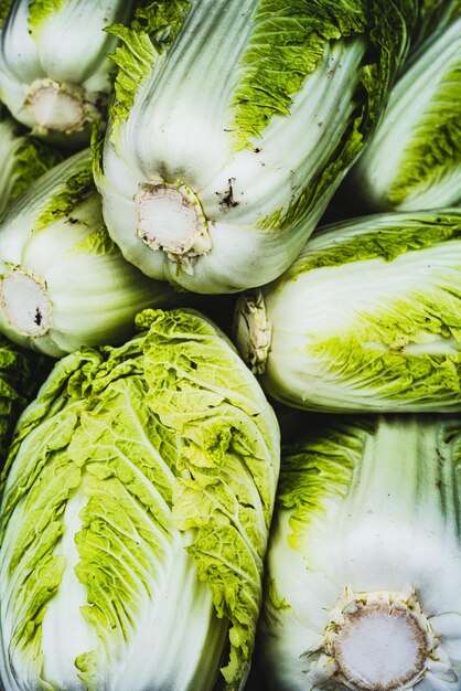 Foto una pila de repollo de napa recién cosechado en el mercado de los agricultores locales