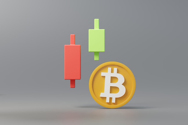 Pila de representación 3D de criptomonedas Bitcoin y gráfico de velas o gráfico de barras para el comercio. Concepto de moneda digital de criptomoneda. Nuevo intercambio de dinero virtual en blockchain.