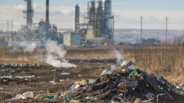 Una pila de residuos desechados se muestra en descomposición en un vertedero mientras que en el fondo un biocombustible