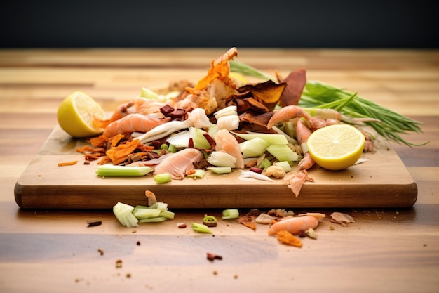 Una pila de restos de comida en una tabla de madera