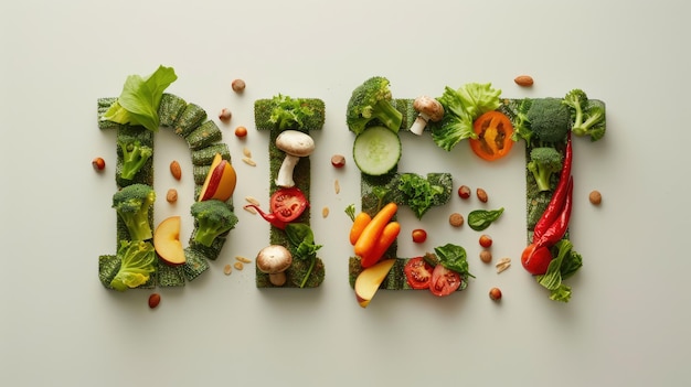 Foto una pila rica en nutrientes de verduras bajas en carbohidratos, frutas, verduras y nueces emparejadas con la palabra dieta, una oda visual a los hábitos alimenticios saludables y una nutrición equilibrada.