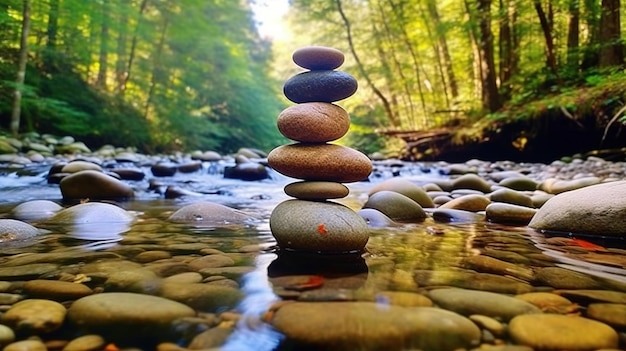 Una pila de rocas en un arroyo con un árbol al fondo.