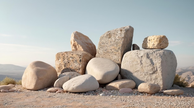 Una pila de rocas en un campo de tierra