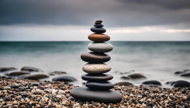 una pila de rocas con un cielo en el fondo y la palabra roca a la derecha