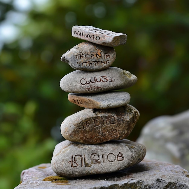 Una pila de rocas con escritura en ellas en una roca