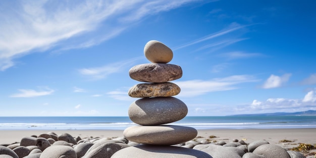 Una pila de rocas en una playa con un cielo azul de fondo.