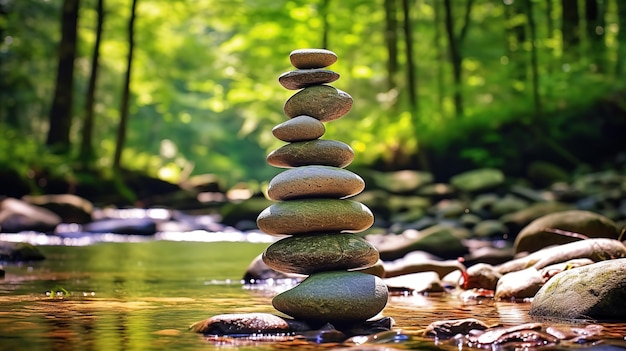 Una pila de rocas en un río con un fondo verde.