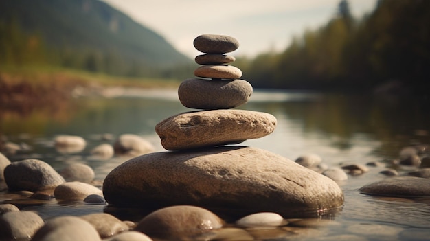 Una pila de rocas en un río con una montaña al fondo