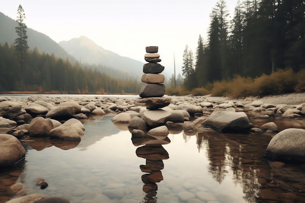 Una pila de rocas en un río con montañas al fondo