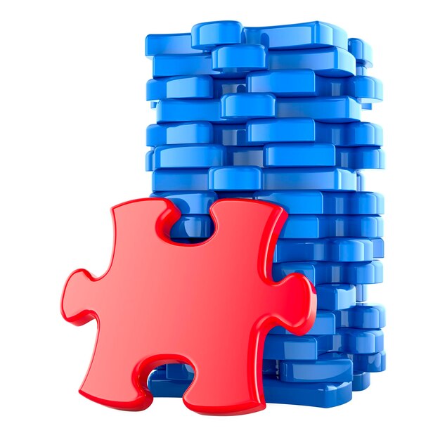 Una pila de rompecabezas azules con un puzzle rojo en 3D