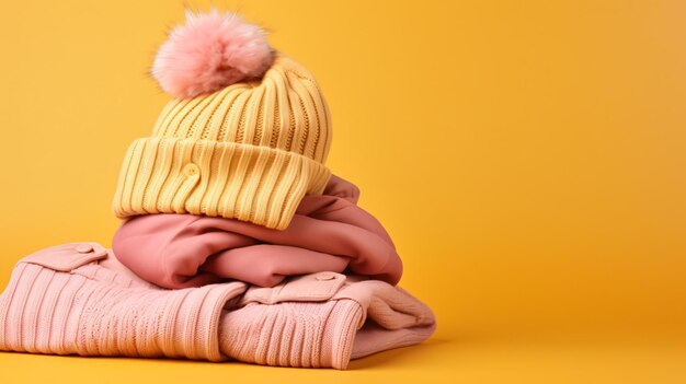 Foto una pila de ropa de abrigo y sombrero para niños sobre un fondo amarillo