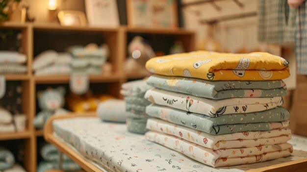 Una pila de ropa de bebé con patrones cuidadosamente doblada en una mesa añadiendo un toque de dulzura a la guardería