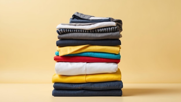 Una pila de ropa bien plegada contra un fondo amarillo con temas de moda o estilo de vida