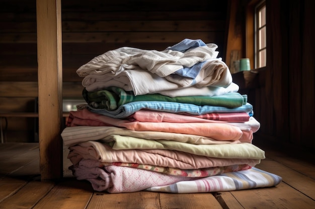 Pila de ropa de cama recién lavada y doblada sobre una mesa de madera creada con ai generativo