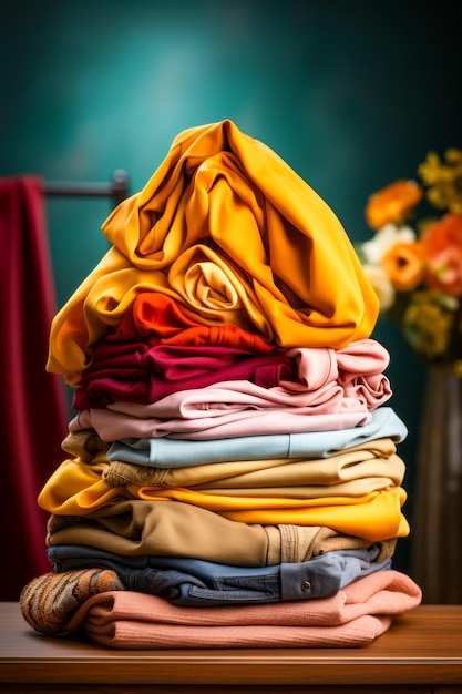 Pila de ropa doblada encima de una mesa IA generativa