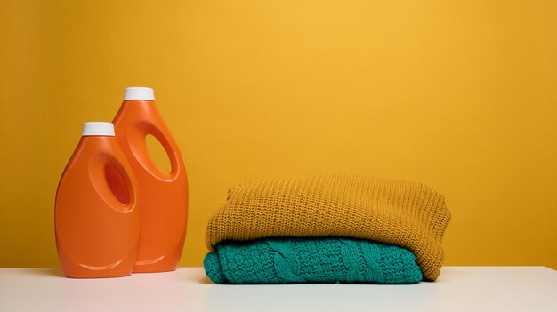 Pila de ropa doblada lavada y botella grande de plástico naranja con soporte de detergente líquido sobre una mesa blanca, fondo amarillo. tarea de rutina