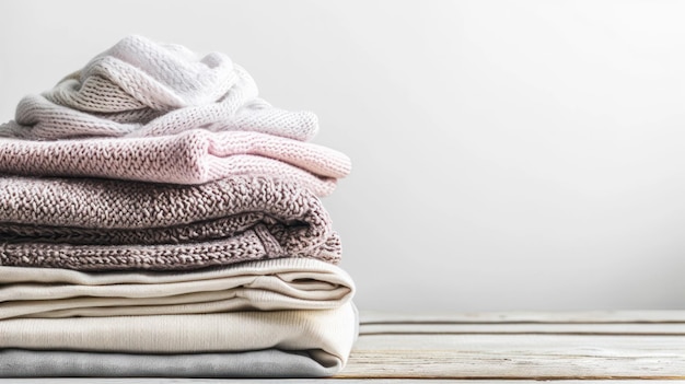 Una pila de ropa de mujer bien plegada en una mesa de madera contra una pared blanca